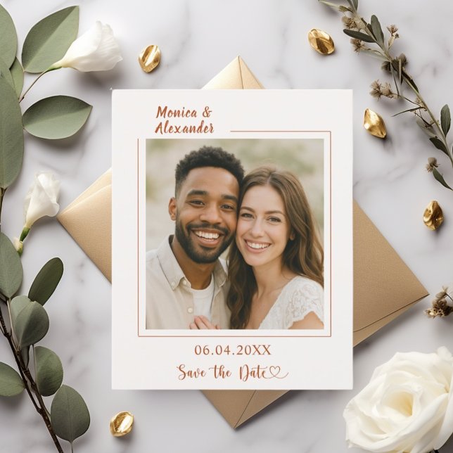 Ivory terracotta photo wedding Save the Date card (Criador carregado)