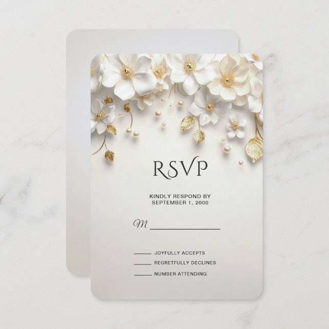 Ivory White Floral Dourada Deixa RSVP Card (Frente/Verso)