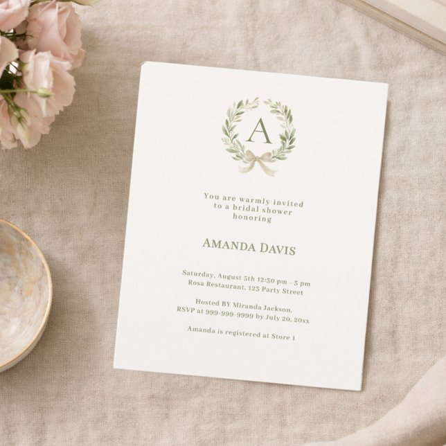 Ivory wreath bow monogram Bridal Shower invitation (Criador carregado)