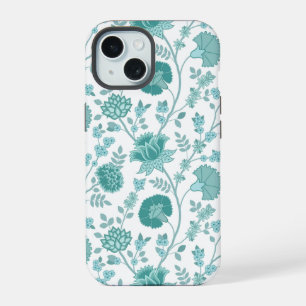 Jacobean Floral Big Pattern Teals on White