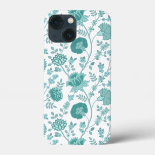 Jacobean Floral Big Pattern Teals on White
