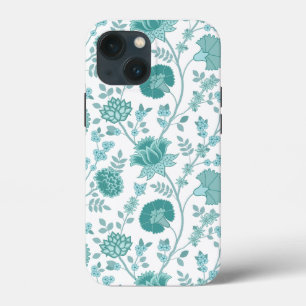Jacobean Floral Big Pattern Teals on White