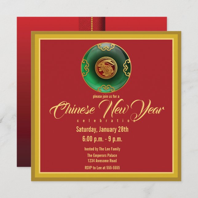 Jade Chinês Ano Novo do Convite para o Coelho (Frente/Verso)