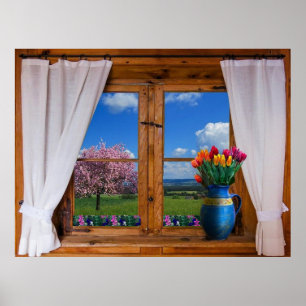 Janela Cortina Flores Poster