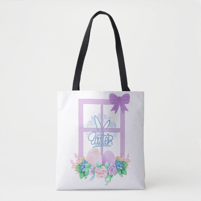 Janela felz pascoa com Flores e Ovos Tote Bag (Frente)