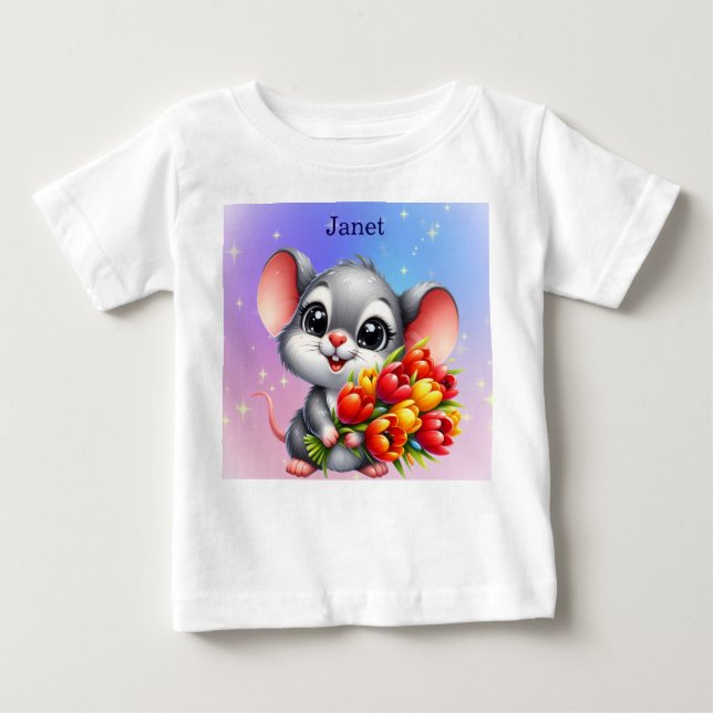 Janet's Cute Mouse with Tulips Baby T-Shirt (Frente)
