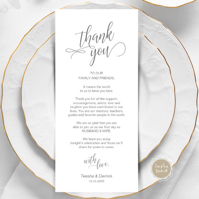 Janta De Casamento, Colocação De Cartões Obrigado (Wedding Dinner, Place Setting Thank You Card, in Modern Classy Script, Dark Grey.)