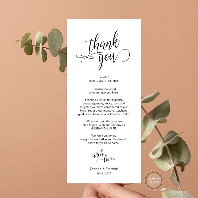 Janta De Casamento, Colocação De Cartões Obrigado (Wedding Dinner, Place Setting Thank You Card, in Modern Classy Script, Black and White.)