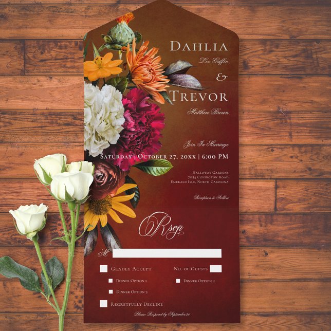 Janta Floral Dark Elegant Summer Sunset (Dark Elegant Summer Sunset Floral Dinner All In One Invitation)