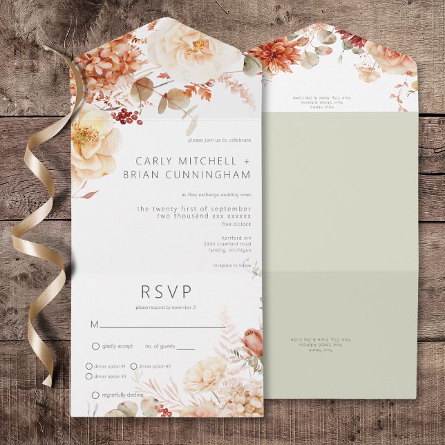 Janta Floral de Boho com queda picante (Spicy Fall Rust & Blush Boho Floral All In One Wedding Invitation with Dinner Options)