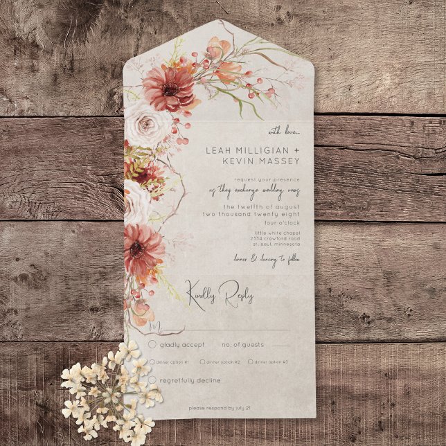 Janta Floral de Cream Boho e Laranja Queimada (Burnt Orange & Cream Boho Floral All in One Wedding Invitation with Dinner Options)