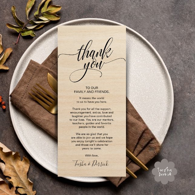 Janta Rustic Wedding Obrigado Colocar Cartão (Rustic Wedding Dinner Thank you Place Setting Card in cottage brown wood theme)