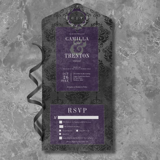 Jantar com Damasco Preto e Roxo Gótico Escuro (Dark Gothic Black & Purple Damask Dinner All In One Invitation)