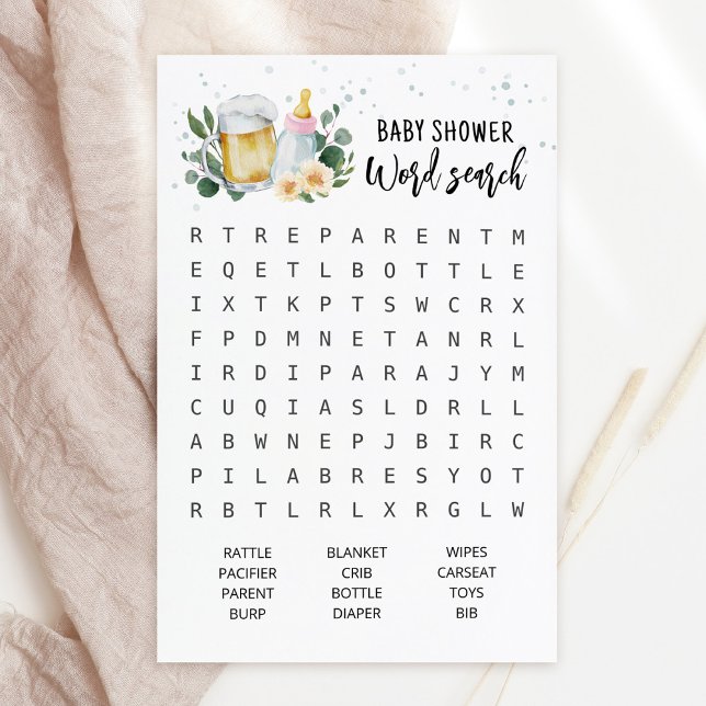 Jantar de Bebê está Cozinhando Jantar de Bebê Jogo (Beer and Floral Baby is Brewing Baby Shower Word Search Game Card)