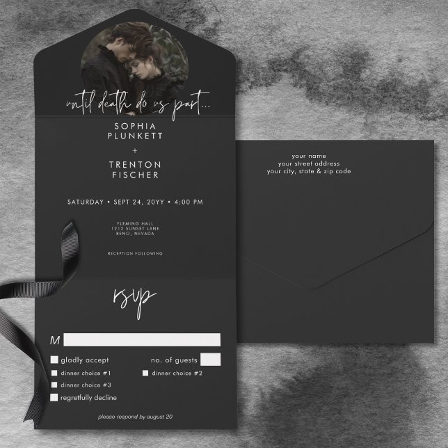 Jantar de Casamento com Foto Minimalista e Atmosfe (Dark Moody Minimal Photo Dinner Wedding All In One Invitation)
