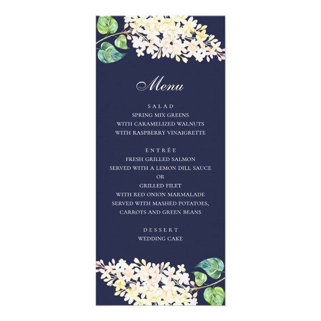 Jantar de casamento floral marinho. Menu de flores (Frente)