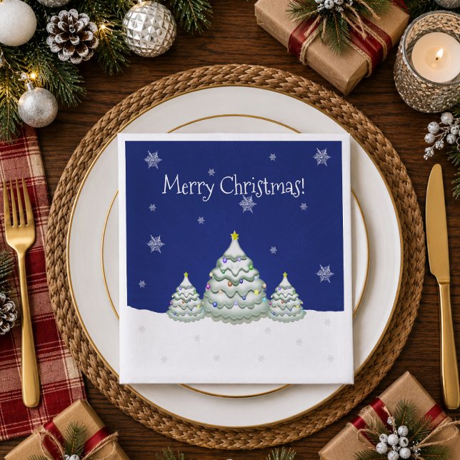 Jantar Guardanapo de Papel Árvore de Natal Azul Nevada (Blue Snowy Christmas Tree Paper Napkins)