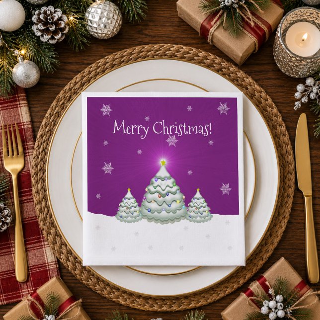 Jantar Guardanapo de Papel Árvore de Natal Nevada Magenta (Magenta Snowy Christmas Tree Paper Napkins)