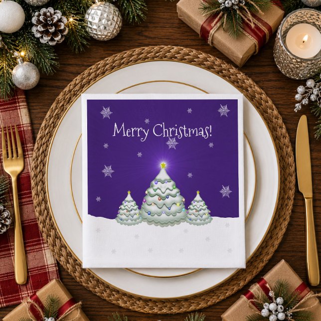 Jantar Guardanapo de Papel Árvore de Natal Nevada Roxa (Purple Snowy Christmas Tree Paper Napkins)