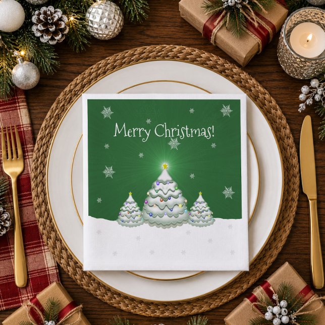 Jantar Guardanapo de Papel Árvore de Natal Verde Nevada (Green Snowy Christmas Tree Paper Napkins)