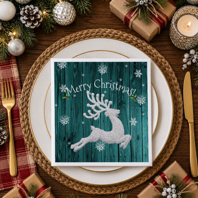 Jantar Guardanapo de papel de rena de Natal rústico em az (Teal Rustic Christmas Reindeer Paper Napkins)