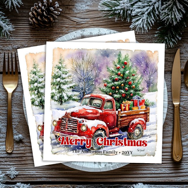 Jantar Guardanapo de papel rústico cena de Natal em camin (Warm red truck Christmas scene rustic paper napkin)