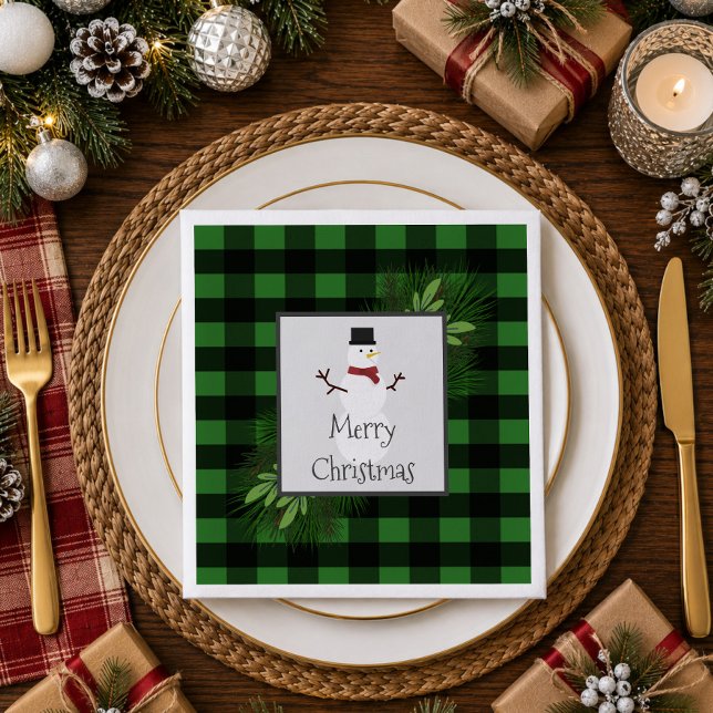 Jantar Guardanapo de papel xadrez búfalo verde boneco de  (Snowman Green Buffalo Plaid Paper Napkins)