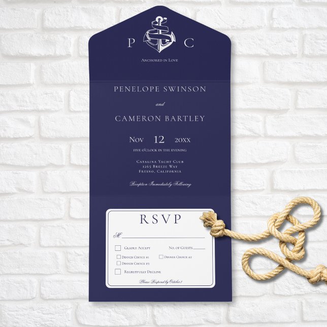 Jantar Moderno Azul Naval e Branco (Nautical Blue & White Modern Dinner All In One Invitation)