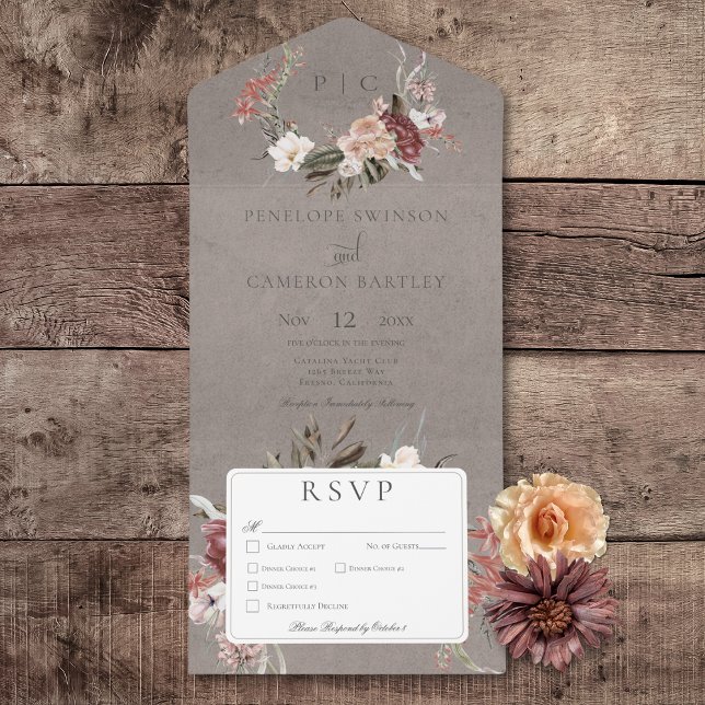 Janto Beige Vintage Floral Wreath (Beige Vintage Floral Wreath All In One Wedding Invitation with Dinner Options)