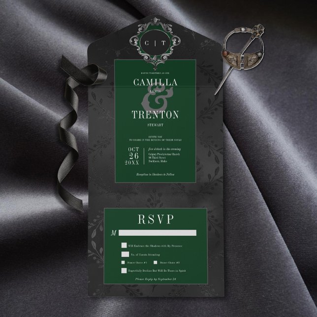 Janto Black & Emerald Floral Satin Gótico Escuro (Also available with a QR code or without dinner selection options.)