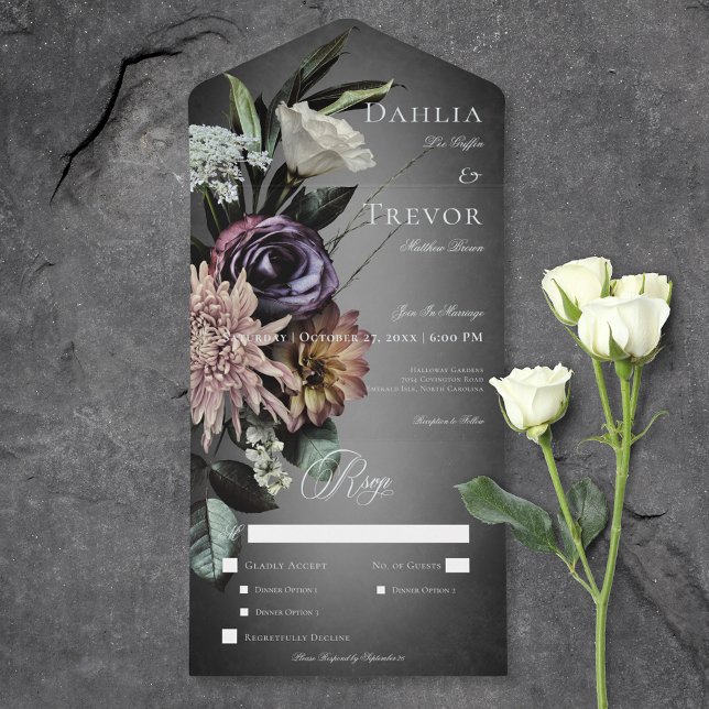 Janto Blur Floral Misterioso Sem Muda Gótico Escur (Dark Gothic Mysterious Muted Floral Blur Dinner All In One Invitation)
