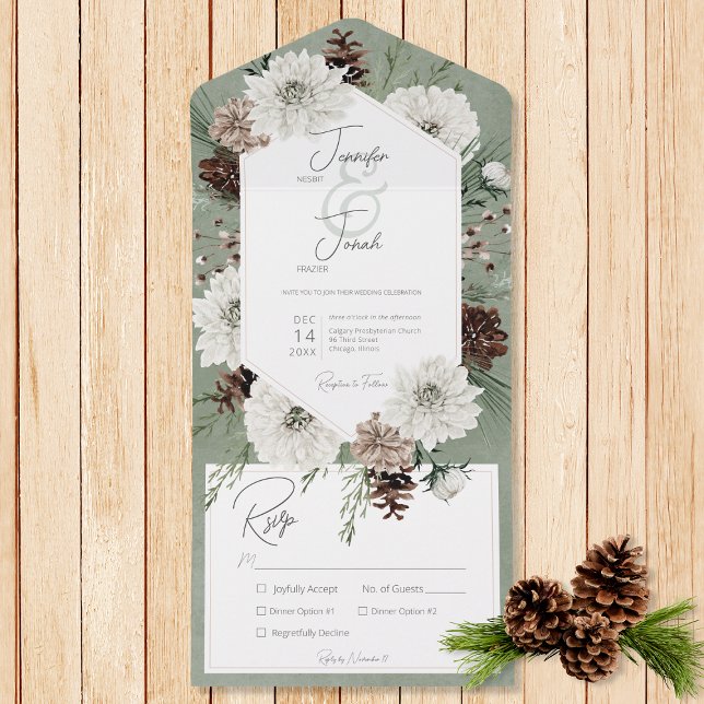 Janto Boho Winter White Floral & Pine Green (Also available with a QR code or with dinner selection options.)