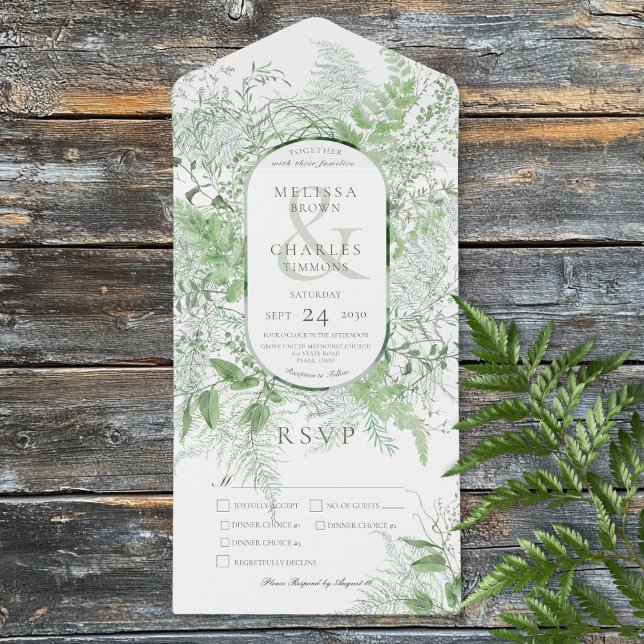 Janto Branco da Folhagem Verde Modern Fern (Modern Fern Green Foliage White Dinner All In One Invitation)