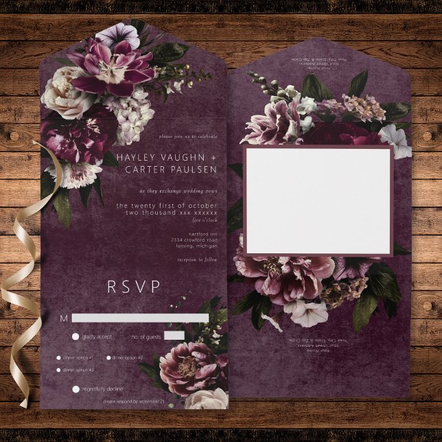 Janto Brilhante Escuro e Borgonha Branca (Dark Elegant Burgundy & White Floral Dinner All In One Invitation)