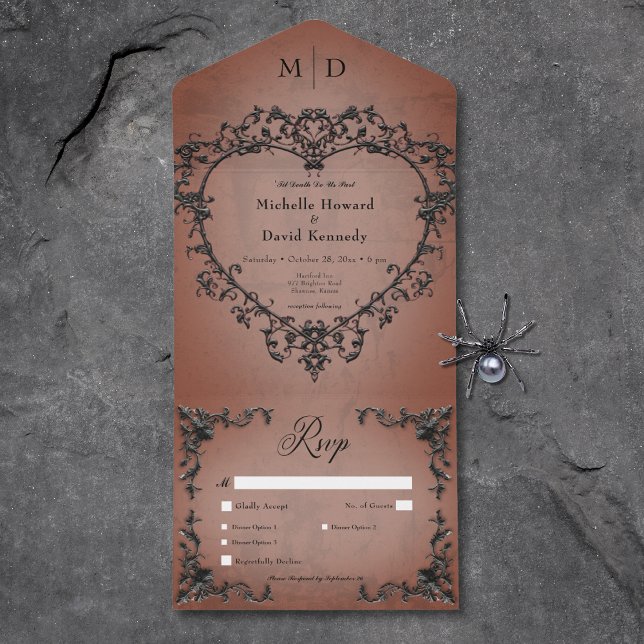 Janto Cardíaco Gótico Preto e Pó (Gothic Black & Rust Filigree Heart Dinner All In One Invitation)