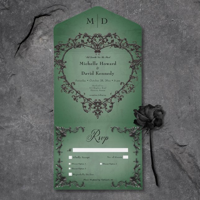 Janto Cardíaco Negro e Verde Gótico (Gothic Black & Green Filigree Heart Dinner All In One Invitation)