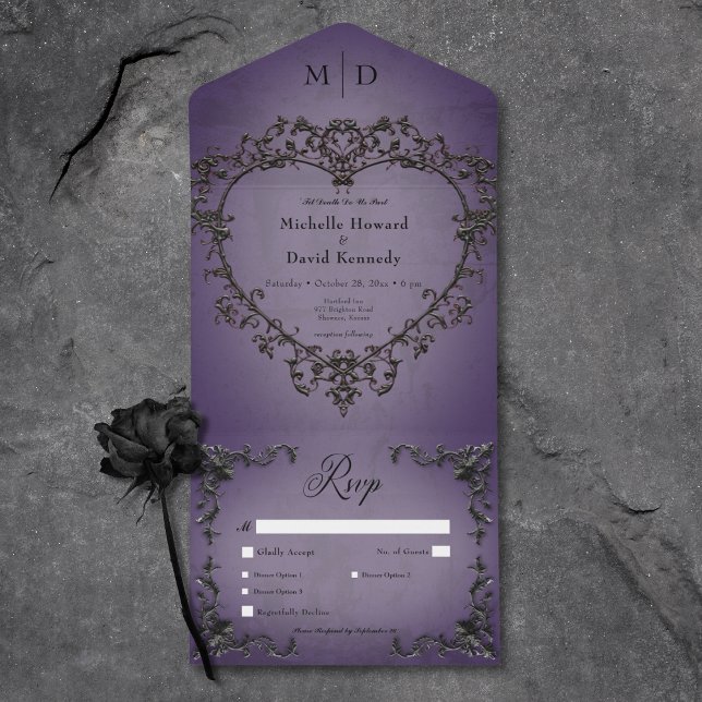 Janto Cardíaco Preto e Roxo (Gothic Black & Purple Filigree Heart Dinner All In One Invitation)
