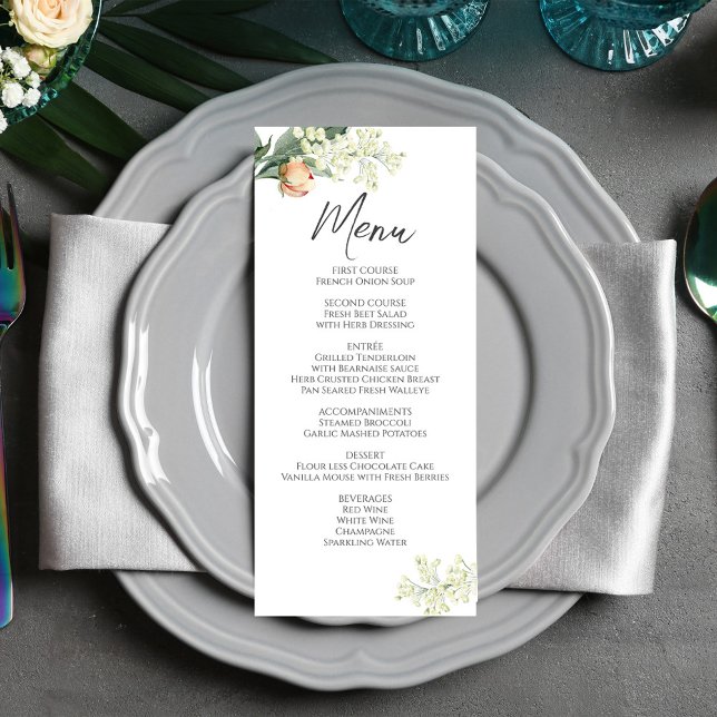 Janto Casamento Menu Watercolor Floral Verde (Wedding menu card with elegant peach watercolor floral artwork. )