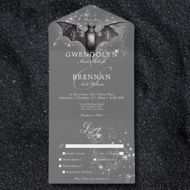 Janto Dark Halloween Glam Bat & Diamantes (Dark Halloween Glam Bat & Diamonds Dinner All In One Invitation)