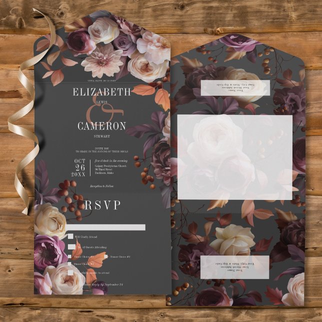 Janto Dark Moody Fall Burgundy & Cream Peonies (Dark Moody Fall Burgundy & Cream Peonies All In One Wedding Invitation with Dinner Options)