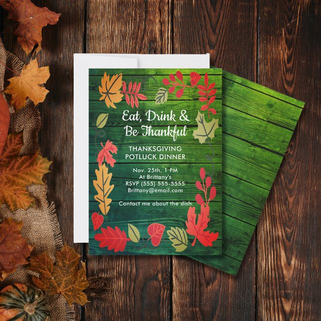 Janto de Ação de Graças de Potluck Dark Green Wood (Thanksgiving Potluck Dinner Dark Green Wood Invite)