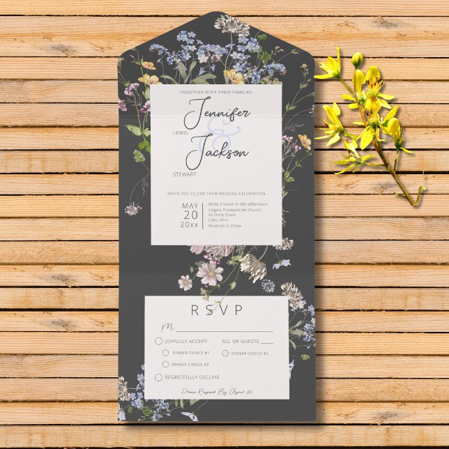 Janto de carvão Delicate Boho Wildflower (Delicate Boho Wildflowers Charcoal Wedding All In One Invitation with Dinner Options)
