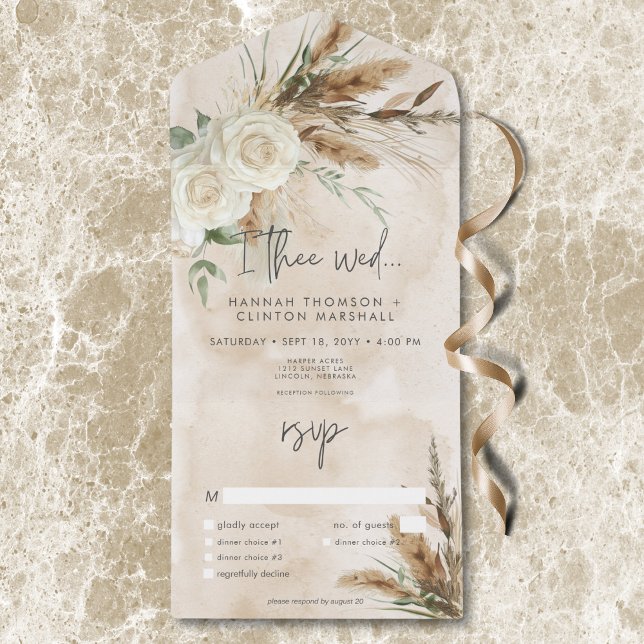 Janto de Casamento Boho Rustic White Roses & Pampa (Boho Rustic White Roses & Pampas Wedding Dinner All In One Invitation)