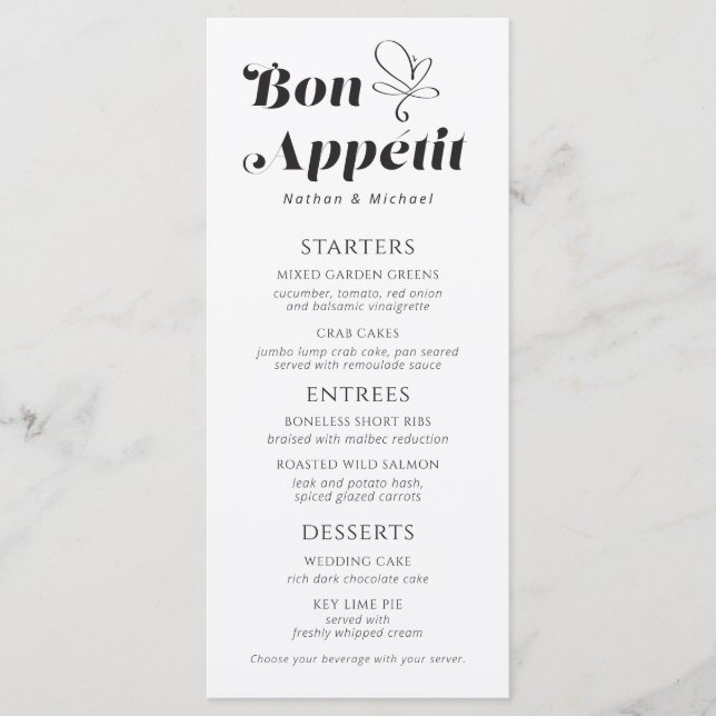 Janto de casamento Bon Appetit Black White Menu (Frente)
