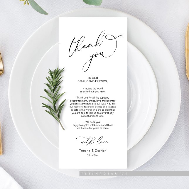 Janto de casamento, Cartões de agradecimentos de d (Wedding Dinner or Elopement Brunch Place Setting Thank You Card, In Modern Classy Romantic themed)