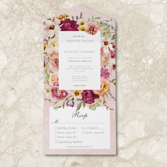 Janto de Casamento Cor-de-Rosa Amarelo-Cor-de-Rosa (Vintage Pink Yellow Floral Pink Wedding Dinner All In One Invitation)