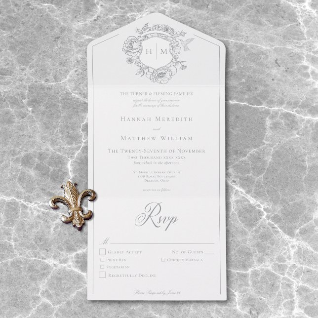 Janto de Casamento de Crest de Aves da Cinza Elega (Elegant Gray Chinoiserie Bird Crest Wedding Dinner All In One Invitation)