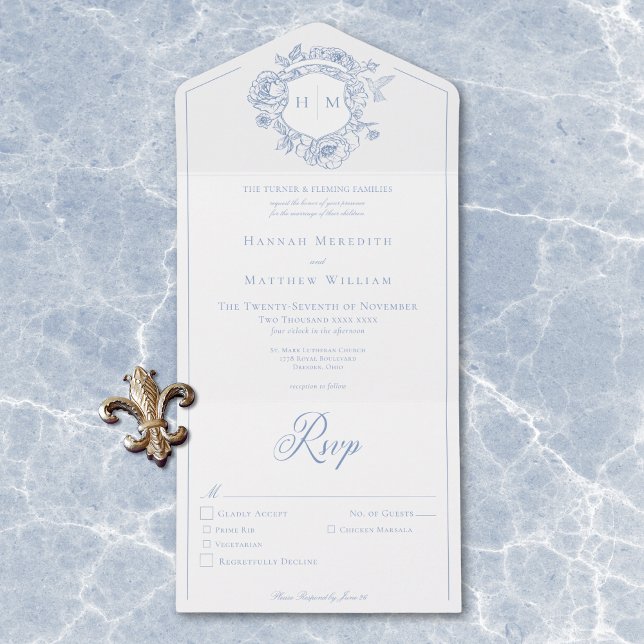 Janto de Casamento de Crest de Aves da Elegante Bl (Elegant Blue Chinoiserie Bird Crest Wedding Dinner All In One Invitation)
