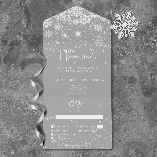 Janto de Casamento de Flocos de Neve Brancos Moder (Modern White Sparkle Snowflakes Wedding Dinner All In One Invitation)