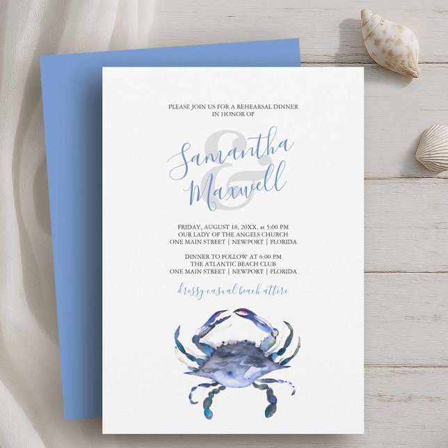 Janto de ensaio de Verão Convoca Caranguejo Azul (classy rehearsal dinner invitations with blue crab on a white background printable or printed cards)